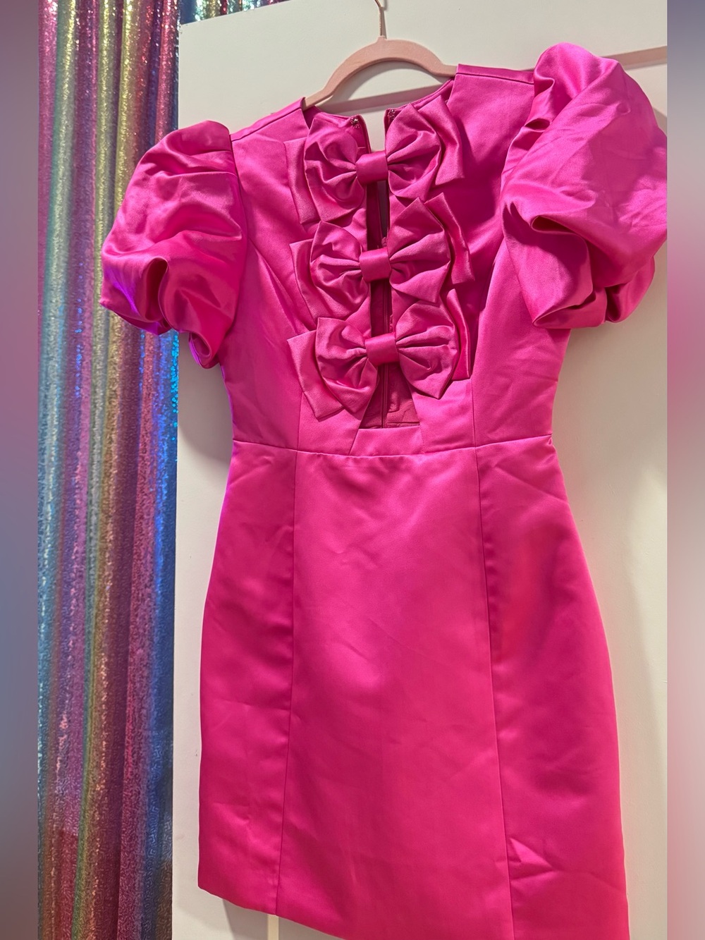 Main Strip Hot Pink Puff-Sleeve Dress with Back Bows